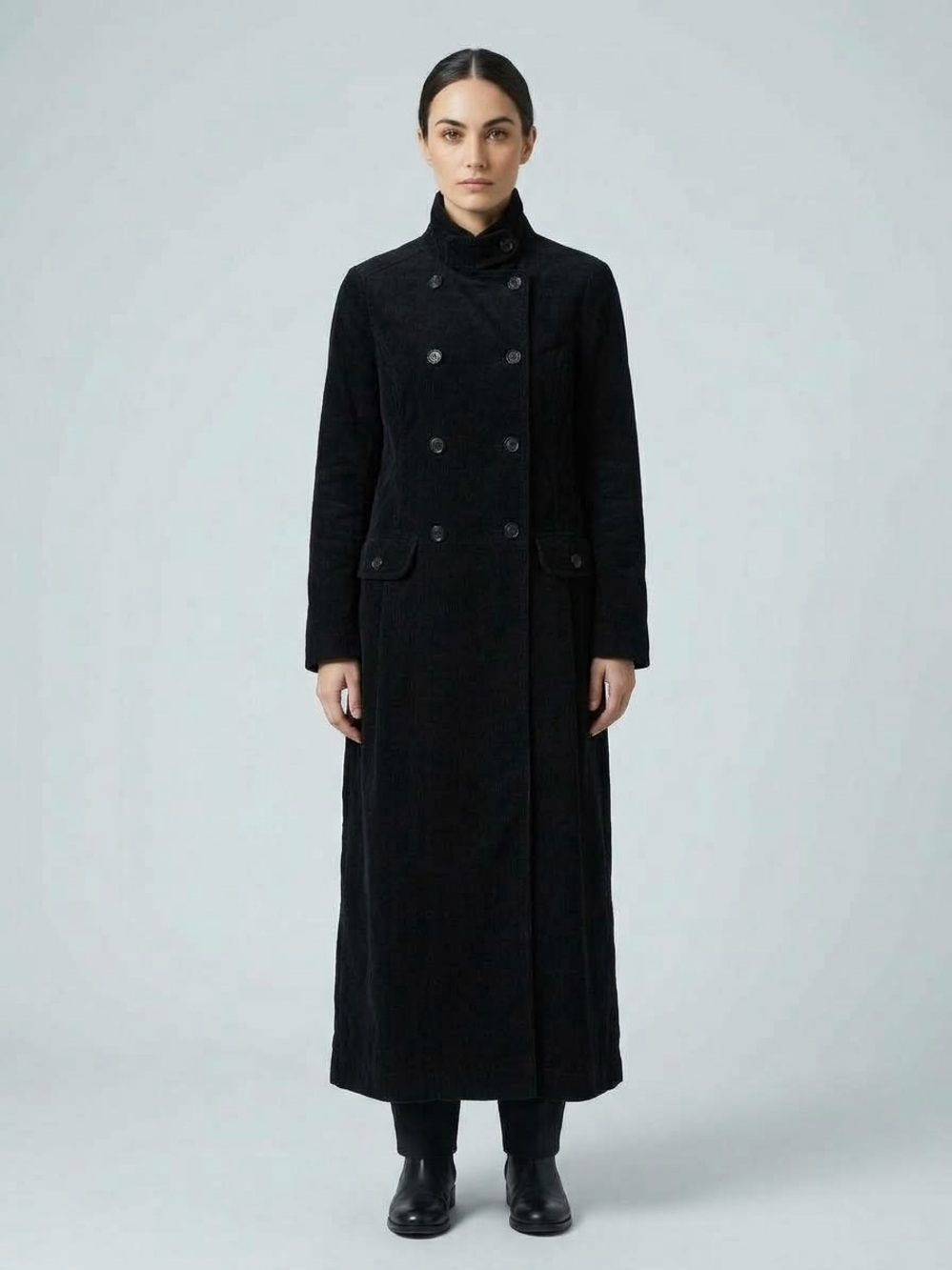 Vintage corduroy Black Double-Breasted Long Trench Coat